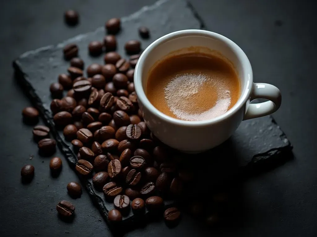 Dark roasted coffee beans with a fresh espresso shot