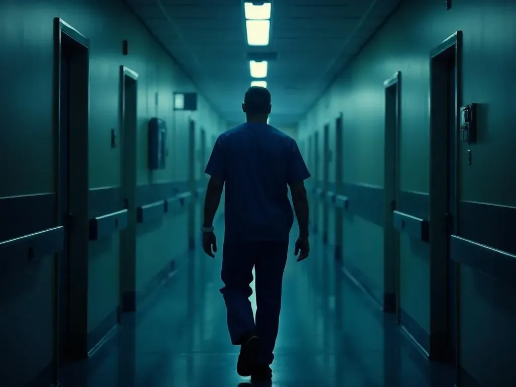 Healthcare worker walking through a hospital corridor