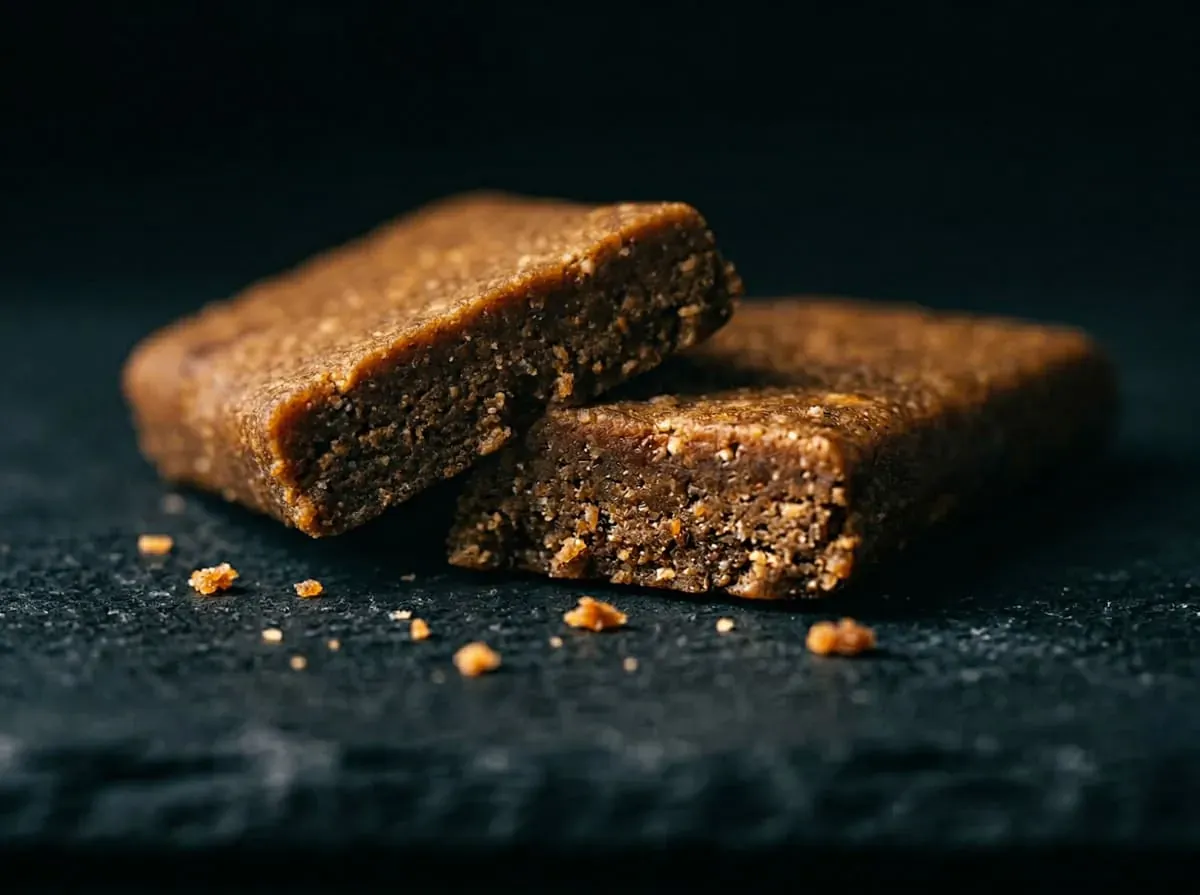 Close-up cross-section of a STAT protein bar showing layers of chocolate, caramel and protein